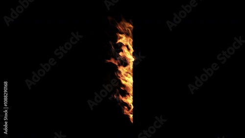 Structure fire flames loop simulation, with vivid fire details and seamless effects, ideal for dramatic and emergency footage on an alpha background.