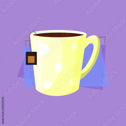 Yellow polka dot tea cup illustration. Mug, hot drink, tea. Drinking concept. Vector illustration can be used for topics like cafe, cooking, drinking, kitchen