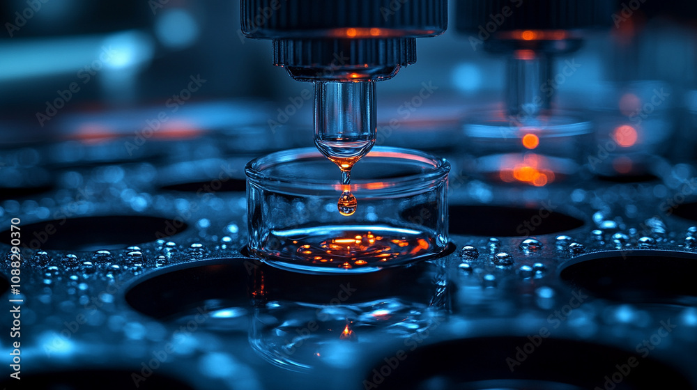 Fototapeta premium Close-up of a row of test tubes with liquid droplets inside highlighting scientific experimentation, research, and innovation in a laboratory setting