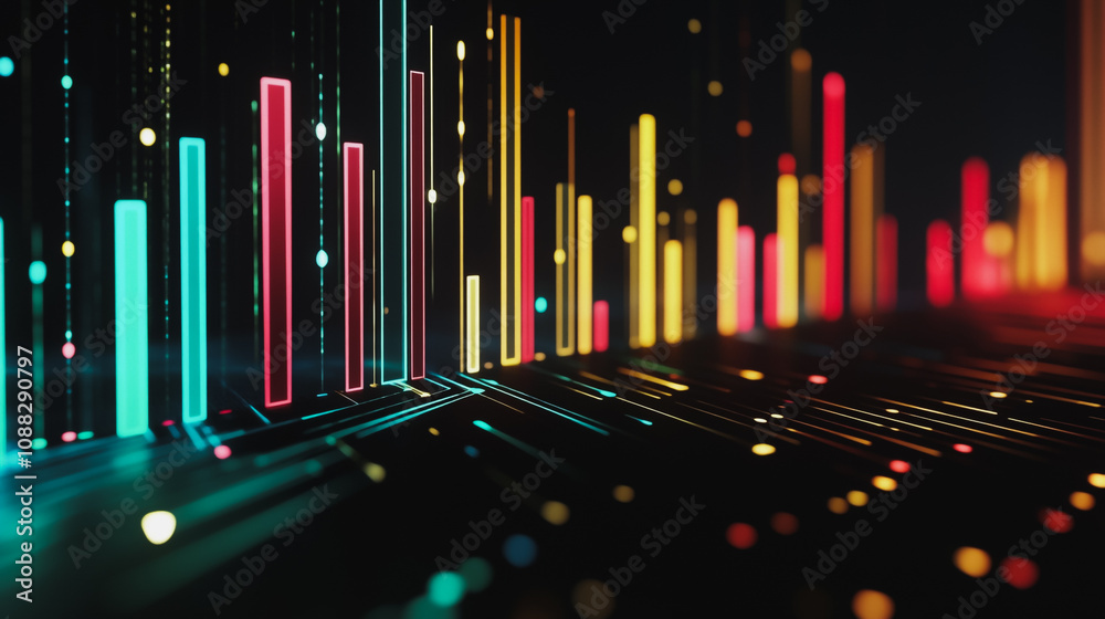 Abstract black background with 3D Colorful charts and graphs with statistics to innovative analyze business potential and forecast future development of companies growth. Abstract black background with 3D Colorful charts and graphs with statistics to innovative analyze business potential and forecast future development of companies growth.