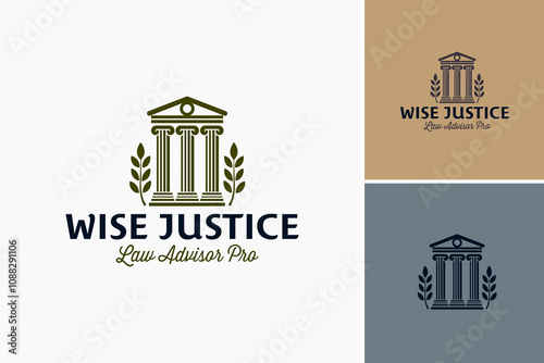 Wise Justice logo design template. Three pillars with branches, symbolizing wisdom, justice, and law advisor services. Ideal for legal or consulting firm branding. EPS Layered Vector File