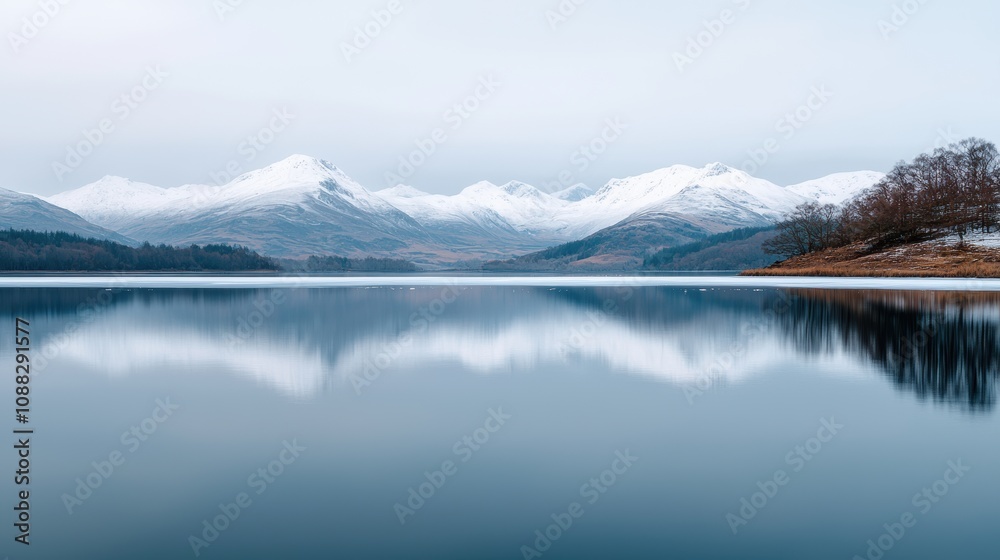 Fototapeta premium Frozen lake reflecting snow dusted mountains in serene winter landscape