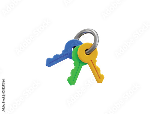 bunch of keys 3d icon, Realistic modern keys to new apartment, house, hotel room on ring flat vector illustration