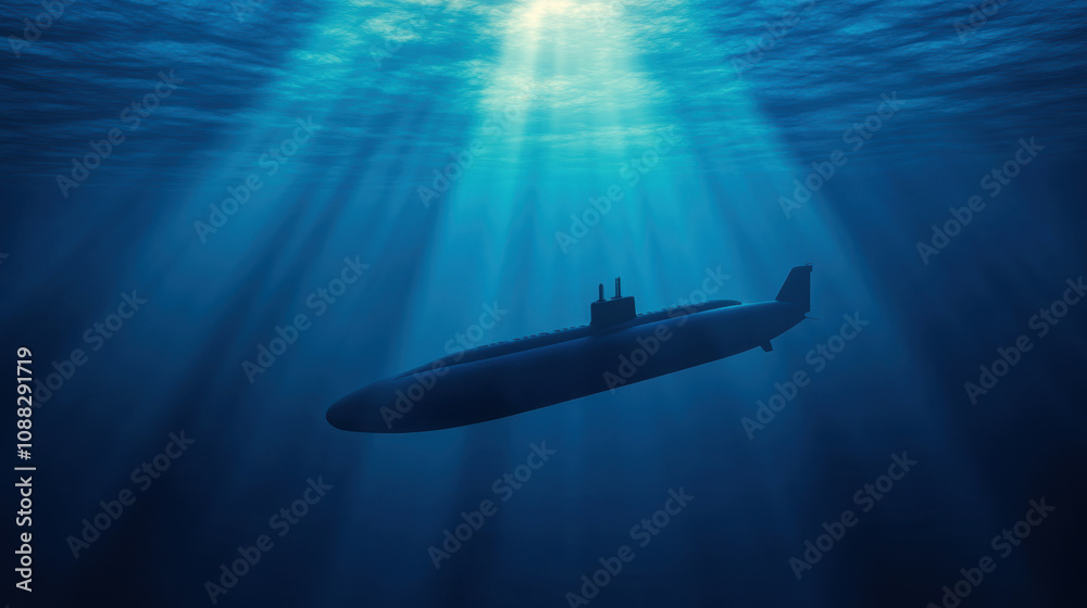 Submarine beneath ocean waves with sunrays creating a serene underwater scene