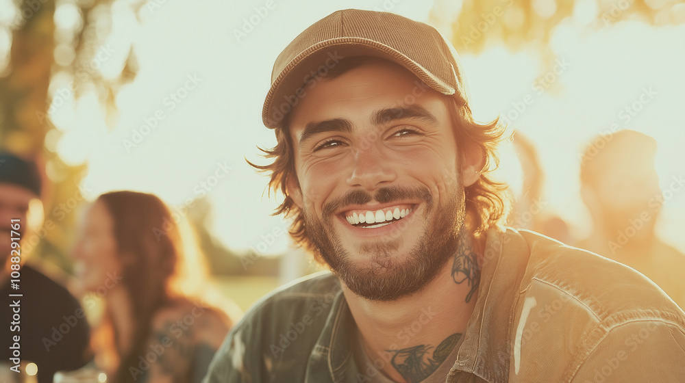 Smiling man outdoors enjoying a sunny day with friends Smiling man outdoors enjoying a sunny day with friends