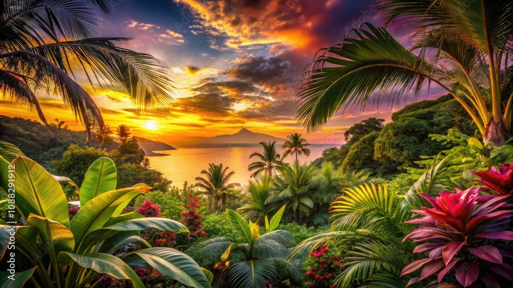 Tropical Paradise: Vibrant Foliage Against a Stunning Sunset Backdrop Tropical Paradise: Vibrant Foliage Against a Stunning Sunset Backdrop
