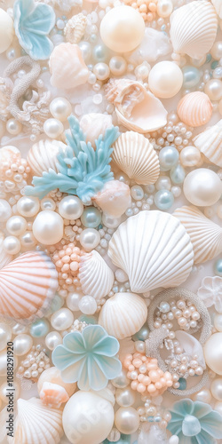 Pastel seashell collection and pearls in an elegant coastal arrangement