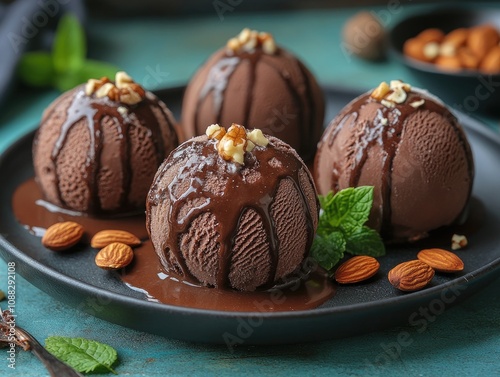 Chocolate ice cream with almonds and chocolate sauce. Perfect for use in food blogs, articles and social media posts to showcase a sweet, decadent treat. photo