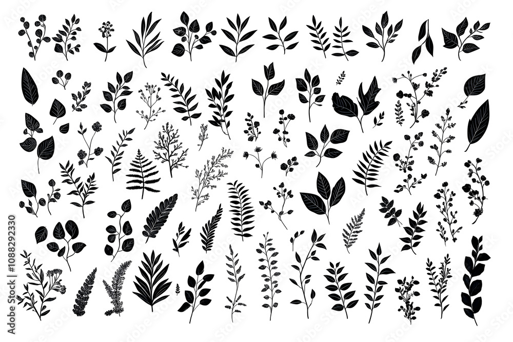 Obraz premium Set of black and white silhouettes of tropical leaves isolated on white background, png cut out.
