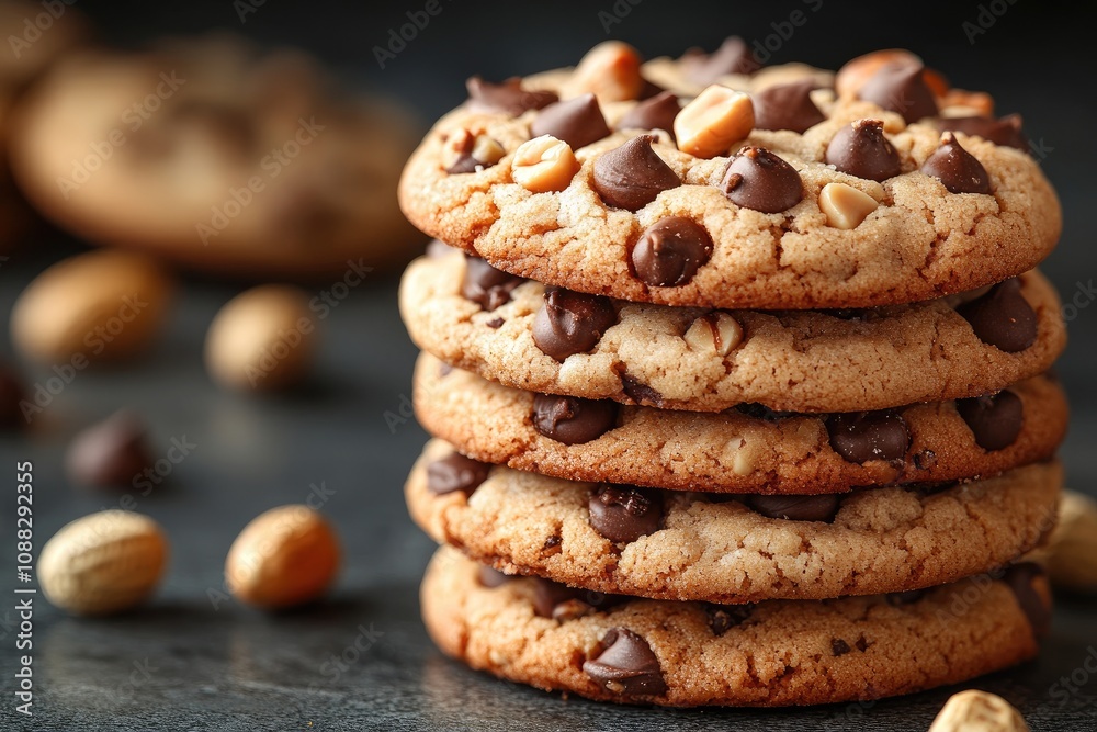 Stack of chocolate chip cookies with nuts. Perfect for food blogs, websites, or social media posts. Stack of chocolate chip cookies with nuts. Perfect for food blogs, websites, or social media posts.
