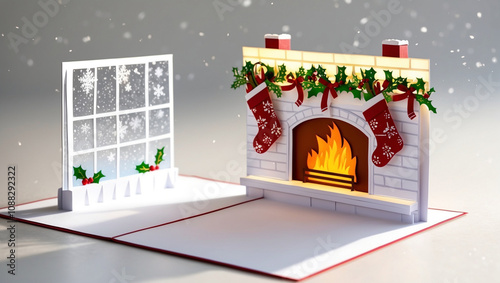 3D pop up Christmas card featuring a 2D fireplace mantel scene on a clear white background, where a warm golden light emanates from the fireplace with stockings hung by the chimney