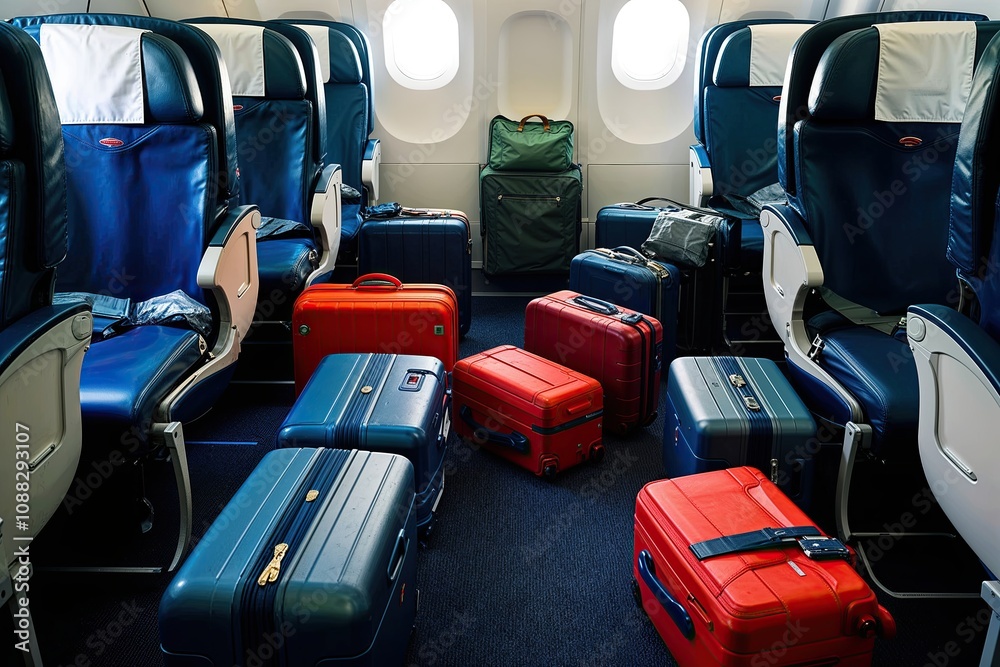 Fototapeta premium Exploring Travel Adventures with Luggage Disarray on Aircraft