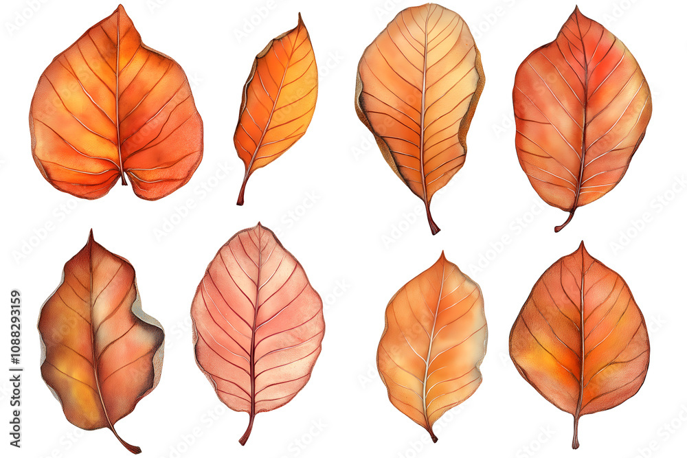 Falling autumn leaves isolated on white background, png cut out.