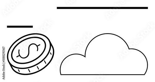 Dollar coin floating near a cloud with two horizontal lines. Ideal for financial concepts, cloud computing, investment, banking, online transactions, economic growth, and digital economy themes. Line