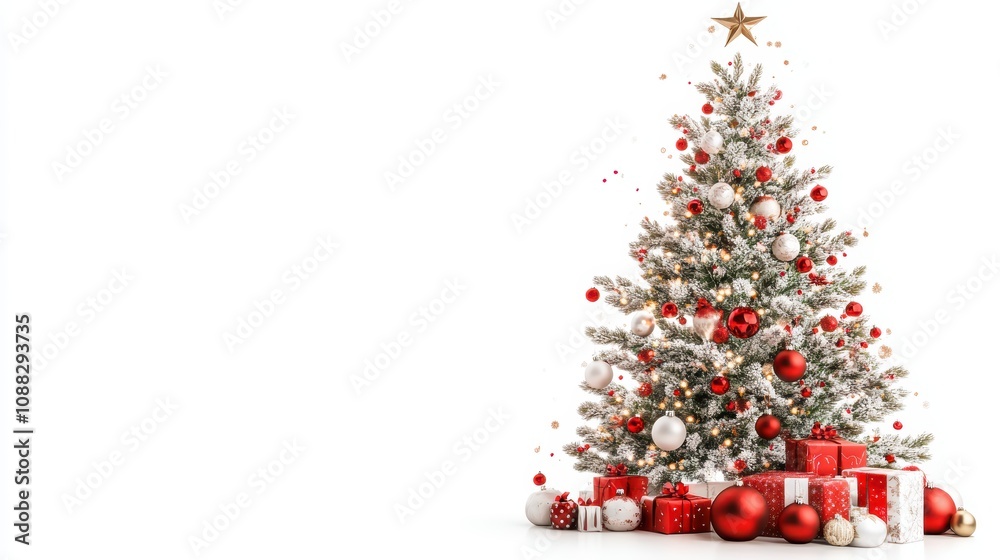 Decorated christmas tree with ornaments and lights, PNG style, white background. for festive holiday designs. Decorated christmas tree with ornaments and lights, PNG style, white background. for festive holiday designs.