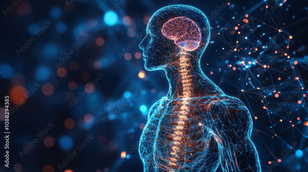 Modern abstract anatomy figure in low poly wireframe showcasing human brain and spinal cord, illuminated by vibrant connections, representing neural networks and technology Modern abstract anatomy figure in low poly wireframe showcasing human brain and spinal cord, illuminated by vibrant connections, representing neural networks and technology