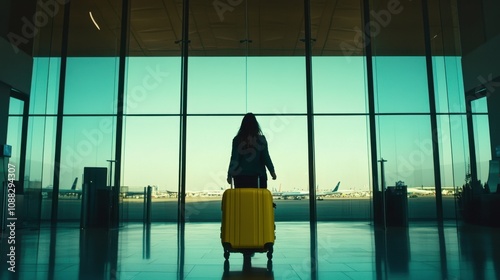 Woman Standing in Airport Terminal with Yellow Suitcase, Gazing Out at Airplanes in the Distance, Symbolizing Travel and Adventure photo