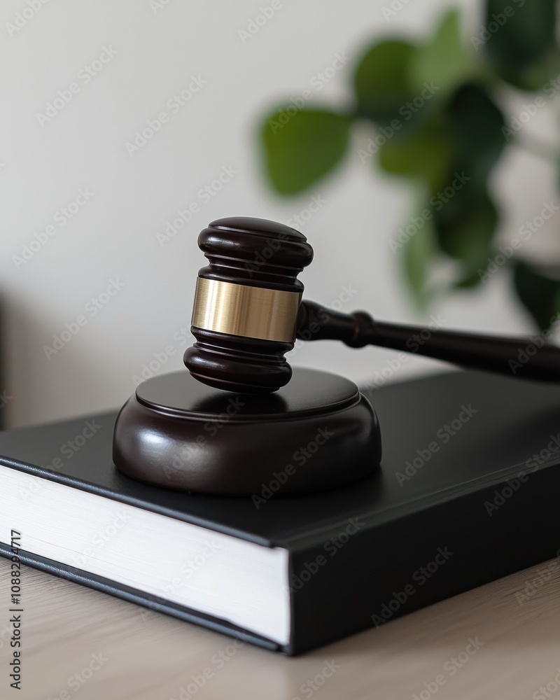 A judge's gavel rests on a black book, symbolizing justice and legal proceedings, with greenery in the background. A judge's gavel rests on a black book, symbolizing justice and legal proceedings, with greenery in the background.