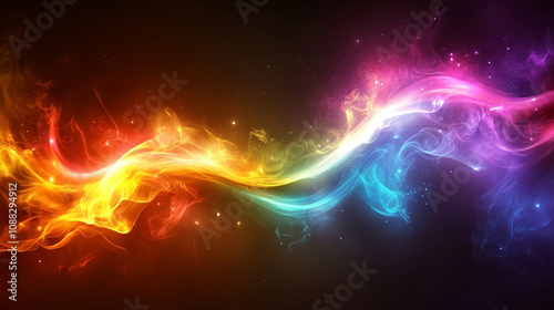 Abstract glowing neon wave on a dark background, symbolizing energy, motion, and futuristic technology with fluid lines and vibrant colors creating a dynamic, modern atmosphere