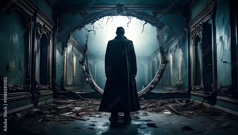 Naklejka premium Phantom Reflection - Hooded Figure in a Ruined Mansion