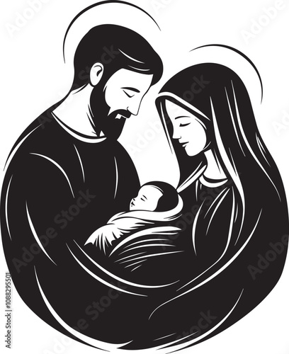 Mary and Joseph with baby jesus clean simple icon silhouette black