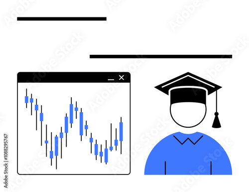 Graduation-cap-wearing student icon beside candlestick chart indicating stock market analysis, suggesting educations role in financial literacy and investment knowledge. Ideal for financial