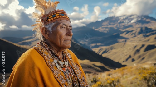 Elderly Ecuadorian in Traditional Garb Performing Sacred Ritual in Mountainous Landscape