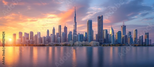 Skyline of a modern city at sunset with a large river.