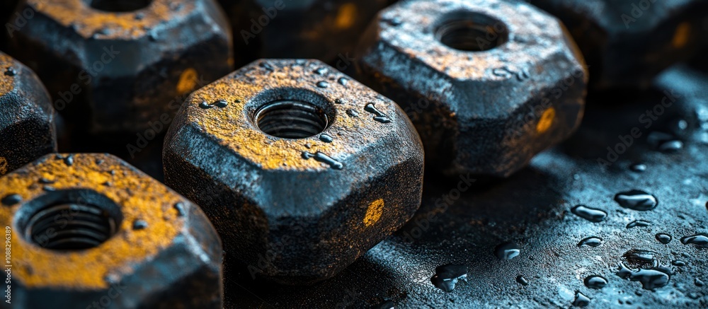 Close-up of rusty metal nuts with water droplets on a black surface. Close-up of rusty metal nuts with water droplets on a black surface.