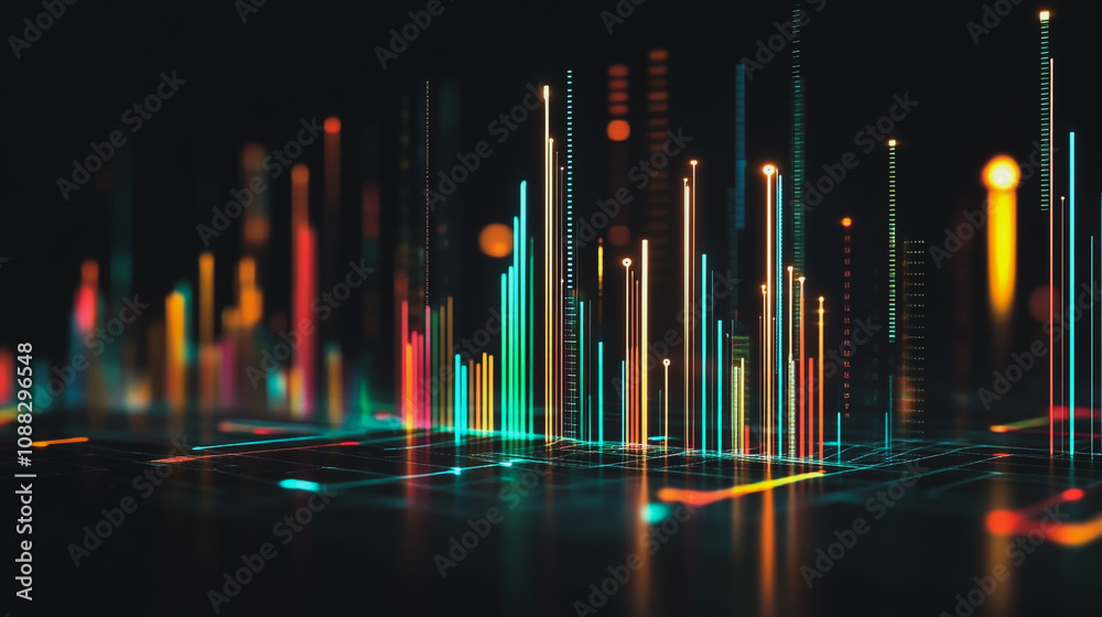 Abstract black background with 3D Colorful charts and graphs with statistics to innovative analyze business potential and forecast future development of companies growth. Abstract black background with 3D Colorful charts and graphs with statistics to innovative analyze business potential and forecast future development of companies growth.