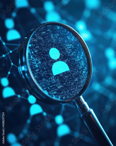 A magnifying glass zooms in on a user icon surrounded by a digital network, symbolizing data analysis and identity verification in a tech-centric world.