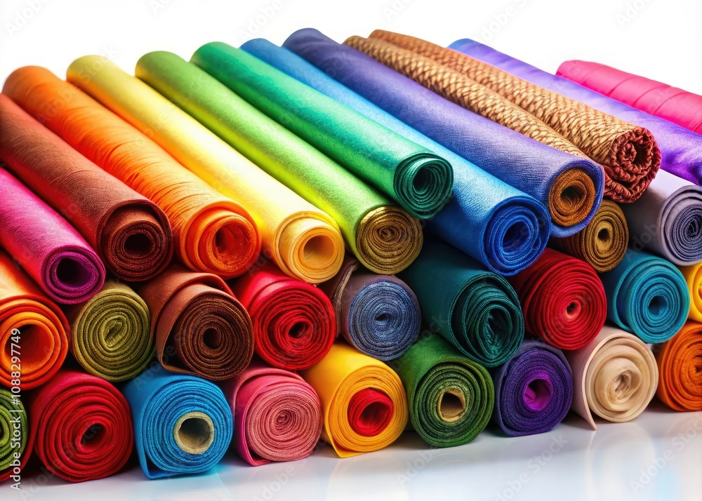 Vibrant Fabric Rolls in a Row for Fashion Photography - Ideal for Banners, Posters, and Textiles on Clean White Background Vibrant Fabric Rolls in a Row for Fashion Photography - Ideal for Banners, Posters, and Textiles on Clean White Background