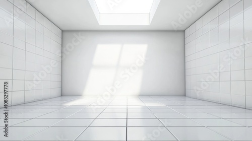 Clean and Bright 3D Rendering of Ceramic Tile Floor in Perspective Room with Strip Lighting, Interior Design Background.