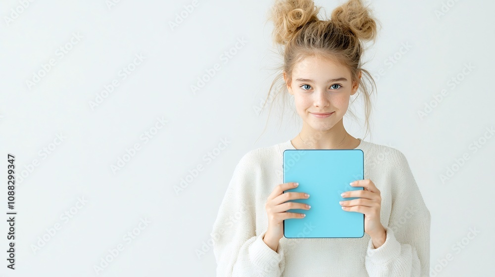 Close up portrait of a young serious looking woman holding a blue tablet device in both hands against a clean white background in a professional corporate setting Close up portrait of a young serious looking woman holding a blue tablet device in both hands against a clean white background in a professional corporate setting