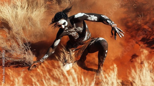 Dancing Dreamtime: Aboriginal Australian Performer in Sacred Ceremony with Body Paint on Red Earth Ground