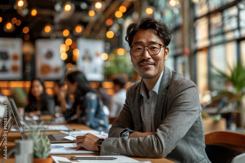 Asian manager sitting at the table and communicating with clients via video conference Asian manager sitting at the table and communicating with clients via video conference