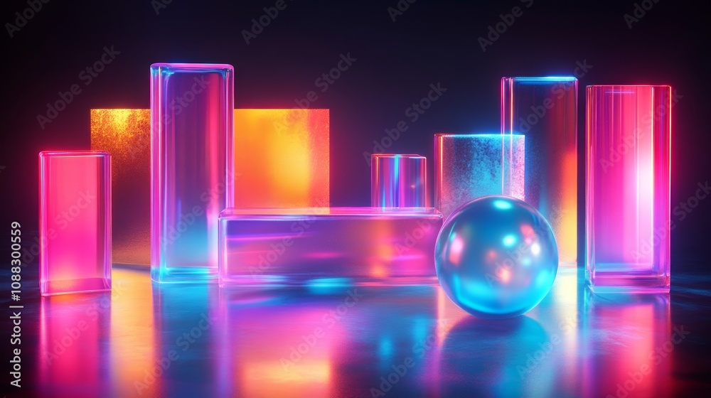 Abstract neon glow geometric shapes, a metallic sphere and a reflection on a dark background. Abstract neon glow geometric shapes, a metallic sphere and a reflection on a dark background.