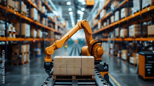 Automated Industrial Robot in Action on Manufacturing Floor - Precision Packaging and Logistics, Efficiency and Precision Warehouse Automation with Industrial Robots and Advanced Technol