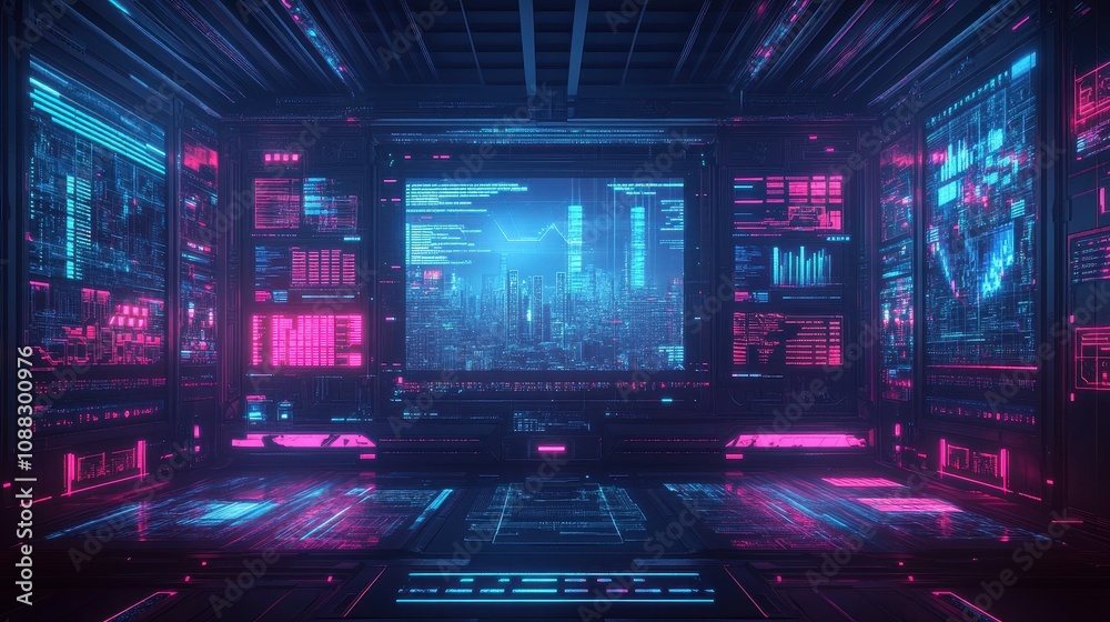 Futuristic control room with vibrant screens displaying data and cityscape visuals. Futuristic control room with vibrant screens displaying data and cityscape visuals.