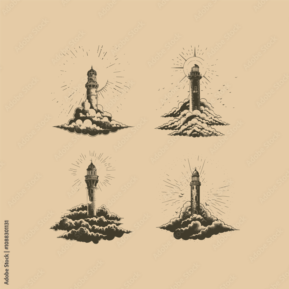 Obraz premium lighthouse above the clouds design vector vintage