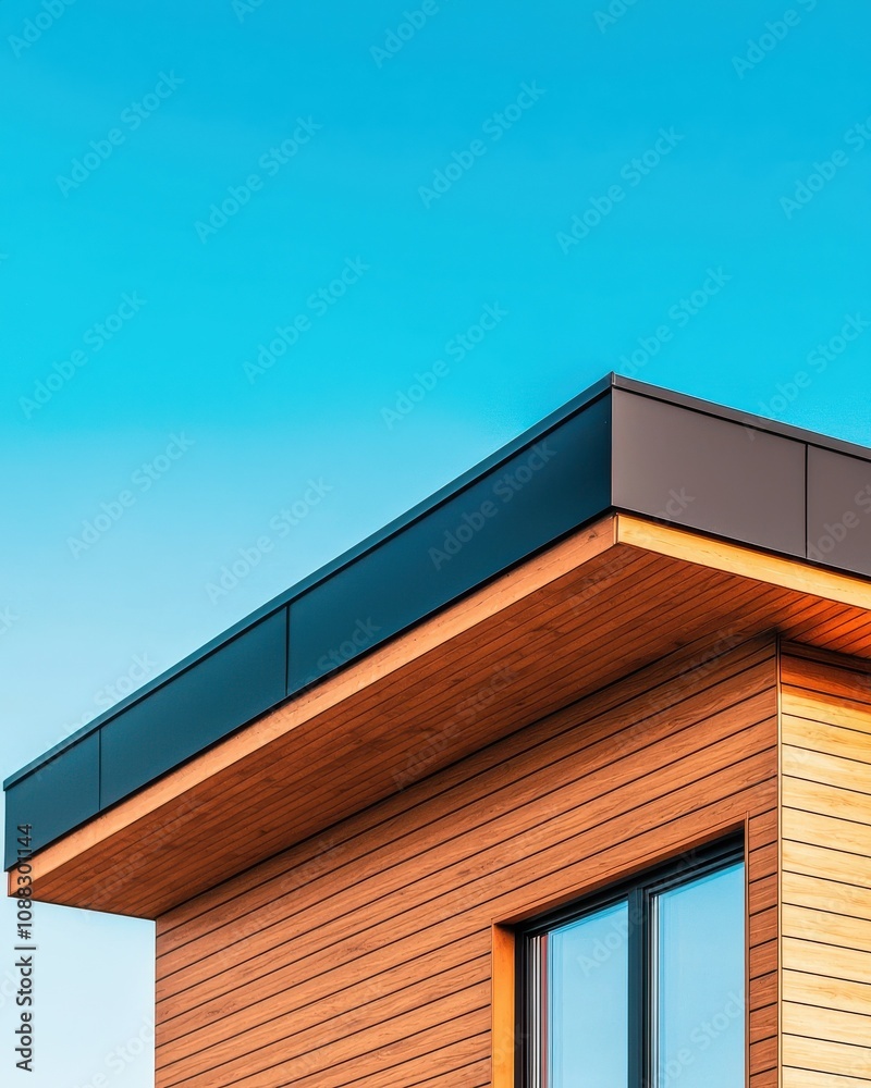 A modern building corner with a flat roof and wooden siding against a clear blue sky. A modern building corner with a flat roof and wooden siding against a clear blue sky.