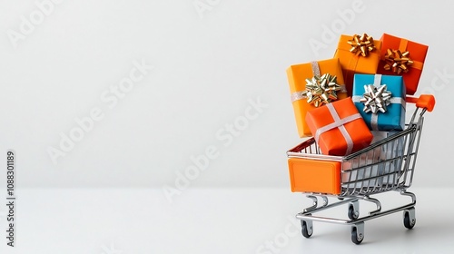 A mini shopping cart filled with beautifully wrapped colorful New Year s presents sitting on a bright white background evoking a sense of holiday excitement and photo