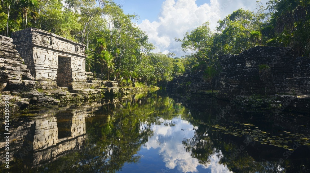 Serene Mayan Ruins by the Tranquil Riverbank - Ultra-Detailed Ancient Stone Structures Reflecting Sky and Wildlife Serene Mayan Ruins by the Tranquil Riverbank - Ultra-Detailed Ancient Stone Structures Reflecting Sky and Wildlife