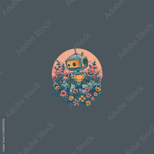 Robot in the flower garden design vector