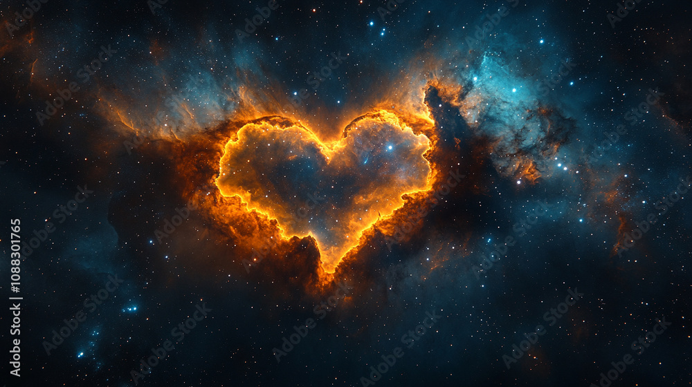 Fototapeta premium Colorful heart-shaped nebula in deep space with vibrant hues of pink, blue, and purple, surrounded by a cosmic background of stars and interstellar gas forming an ethereal and captivating scene