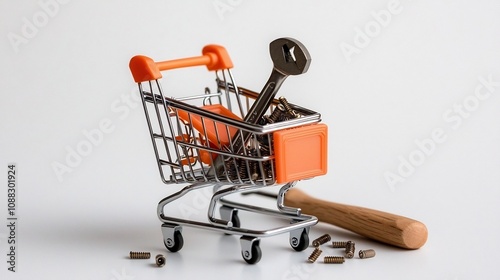 Tiny shopping cart stacked with various hardware tools such as screwdriver and screws on a plain white background symbolizing repair construction and manual work photo