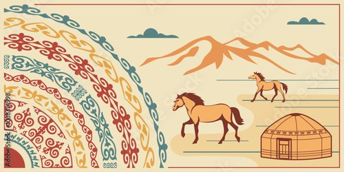 Ethnic illustration, traditions and patterns of Central Asia, yurt and horses, vector design