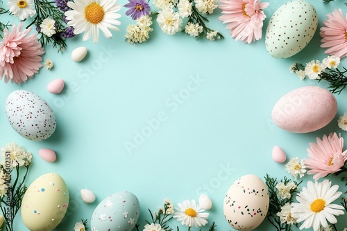 Happy Easter composition for easter design. Elegant Easter eggs and spring flowers on mint background. Flat lay, top view, copy space.