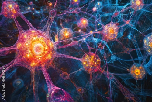 Here's a and keyword list for your stock photo.. Microscopic view of vibrant interconnected neurons.