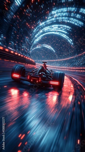 an futuristic antigravity race track inside of an interior arena, blue and red RGB leds, racing lines, futuristic antigravitational technology, corkscrews and loops, various F1 hypercars racing, 